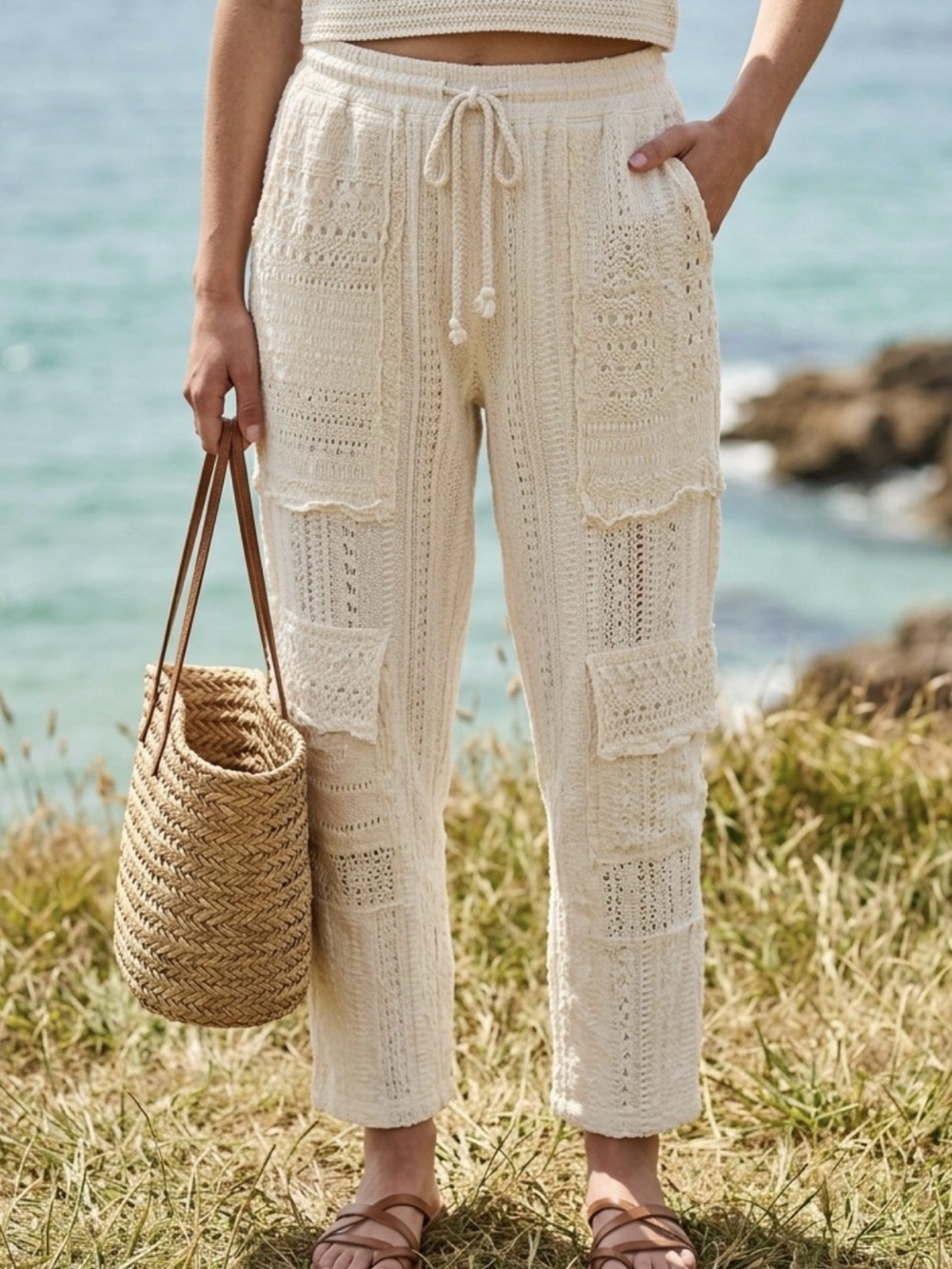 Crocheted Bohemian Elegant Cream Women's Netting pants